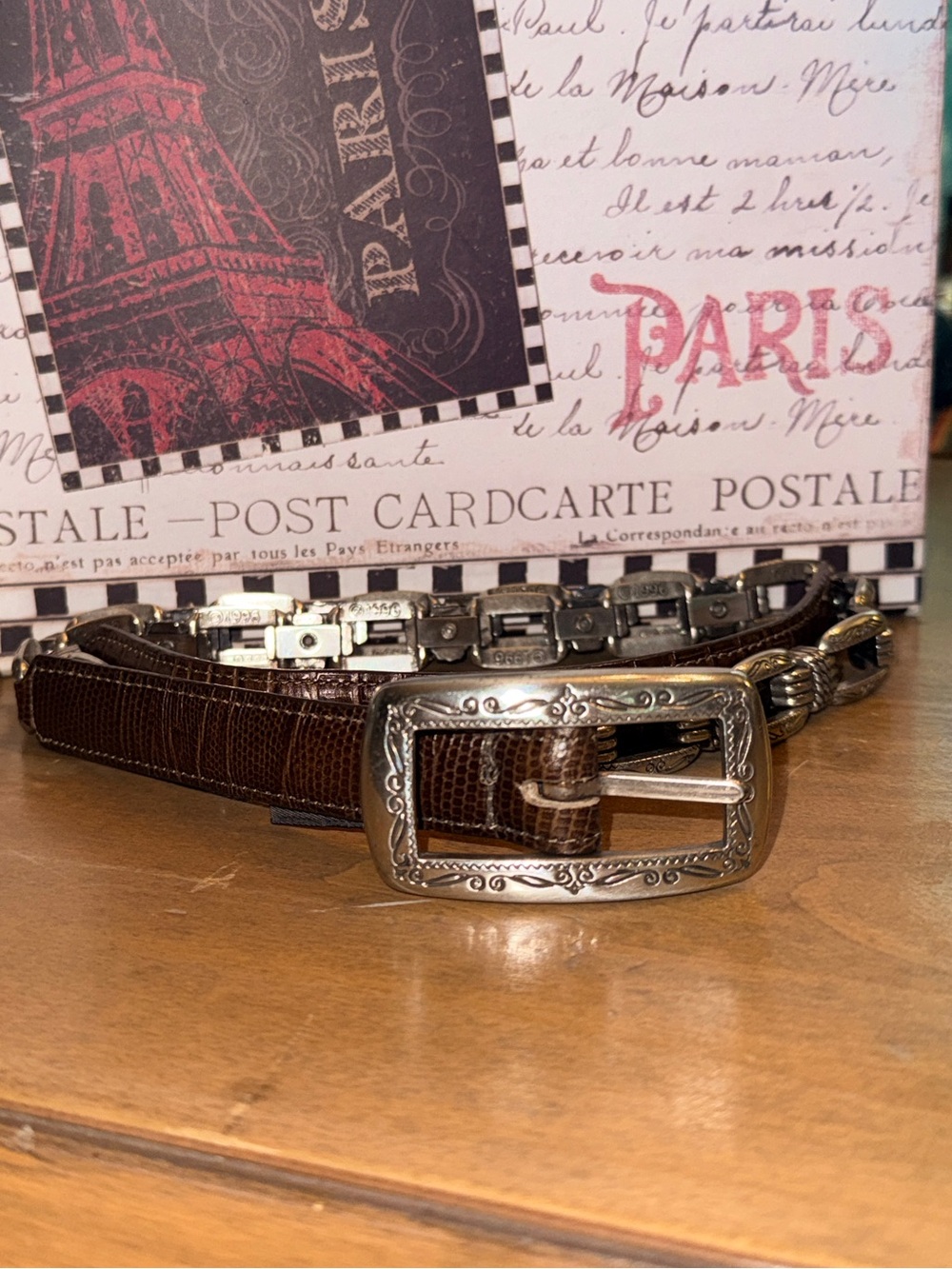NWT Brighton Women’s Brown Textured Leather Belt with Metal Chain-39.5”-L